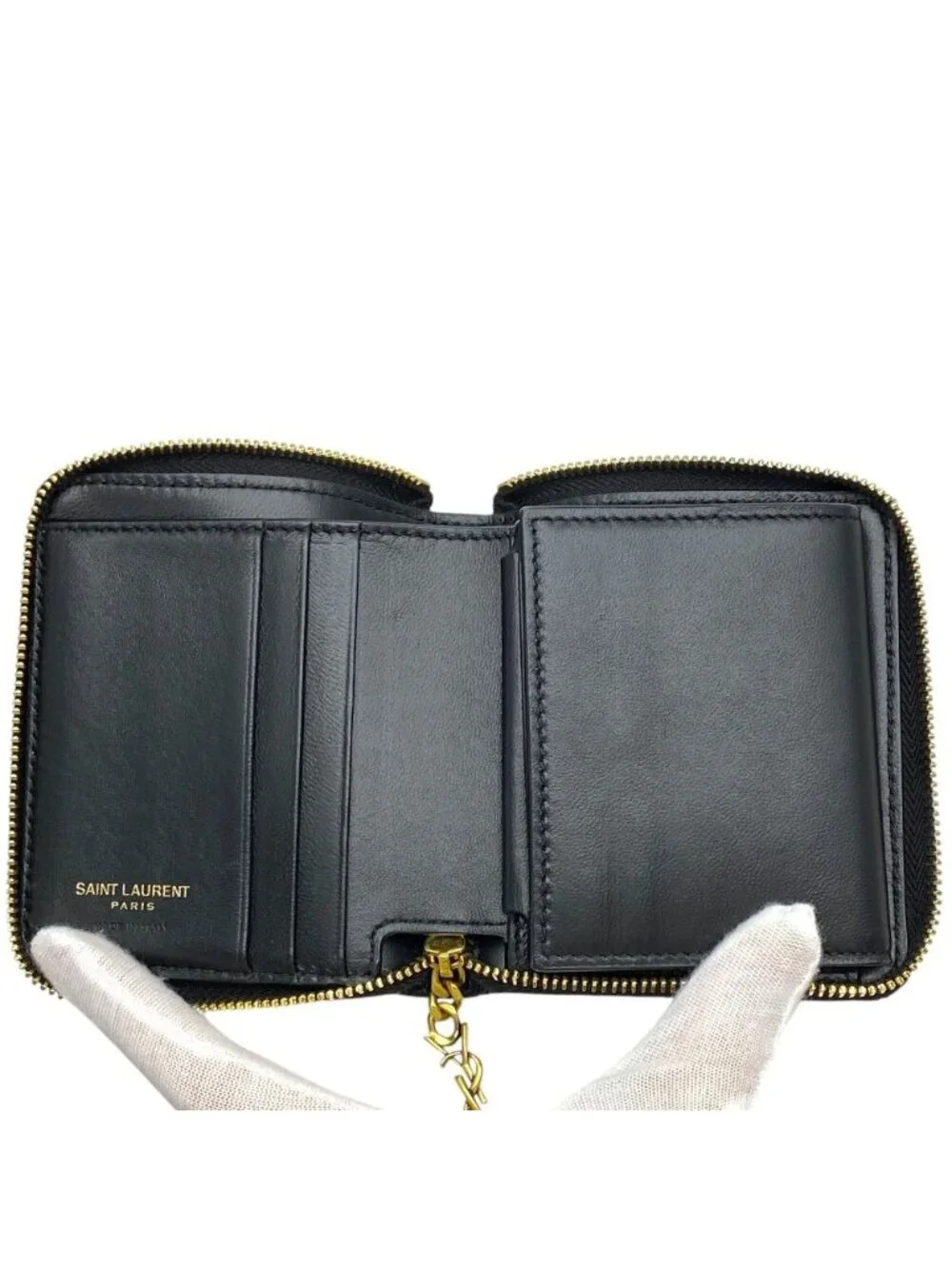 Saint Laurent Pegaso Twofold Wallet Folding YSL Logo Leather Black Compact